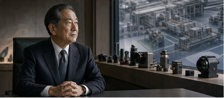Takemitsu Takizaki beside the industrial sensors behind his discreet fortune