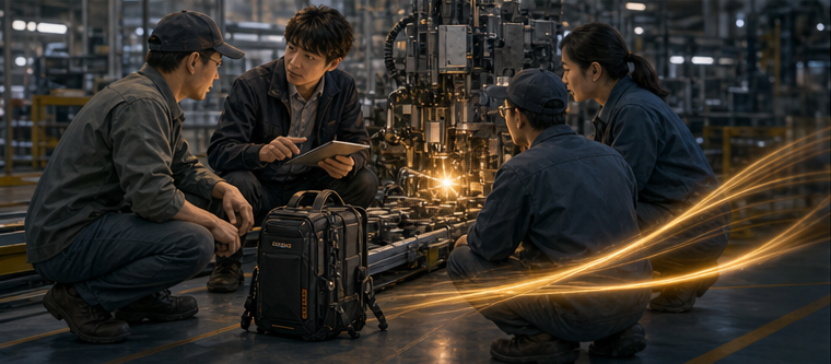 Engineers solving a costly narrow factory problem close to the customer