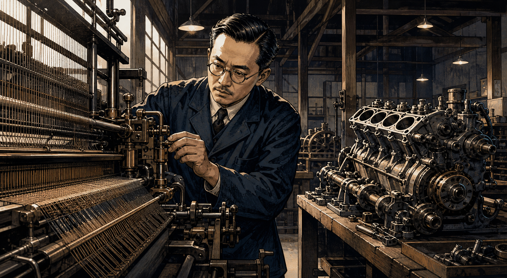 Kiichiro Toyoda examining an automatic loom mechanism while a dismantled automobile engine waits on the adjacent workbench