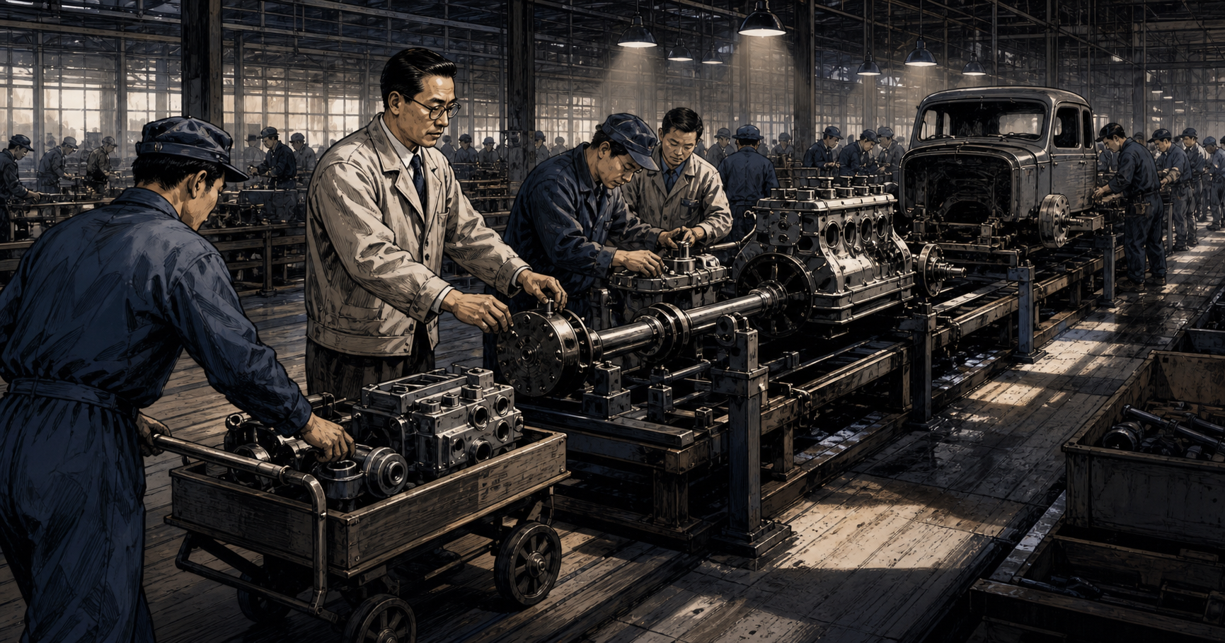 Kiichiro Toyoda arranging engine parts along a compact factory line as carts deliver only the next required components