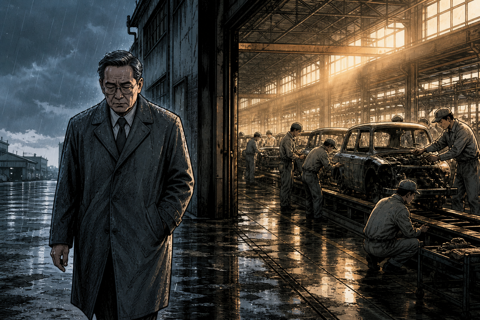 Kiichiro Toyoda walking away from a shadowed postwar factory while a new generation of engineers rebuilds the production line in morning light