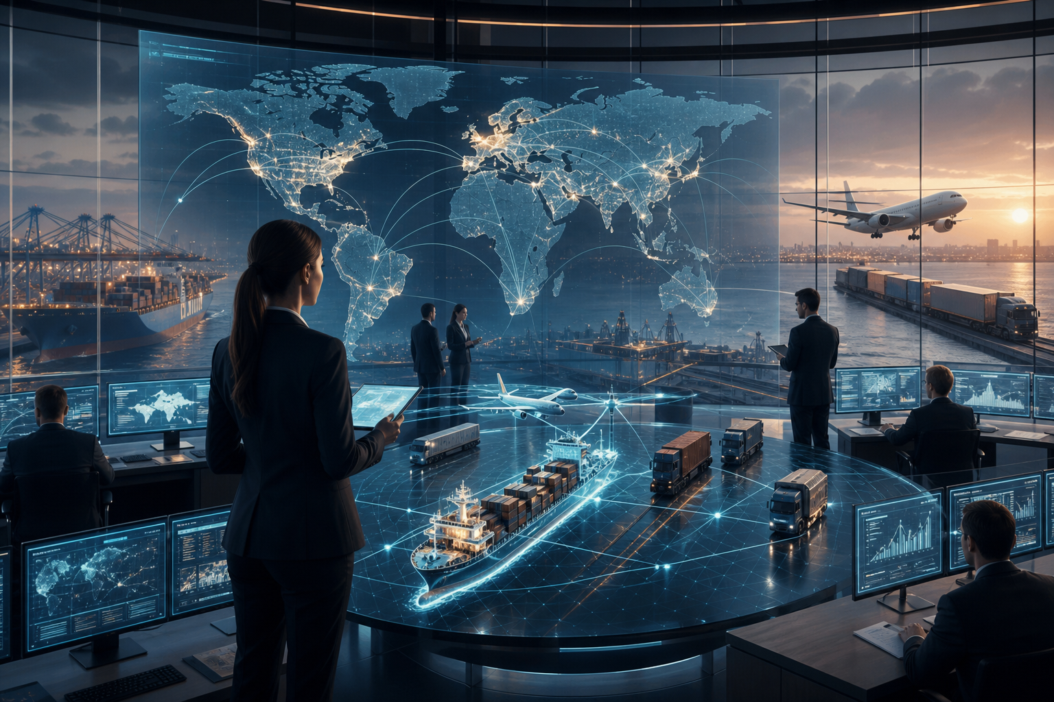 A digital logistics control tower coordinating container ships, cargo aircraft, warehouses, and trucks
