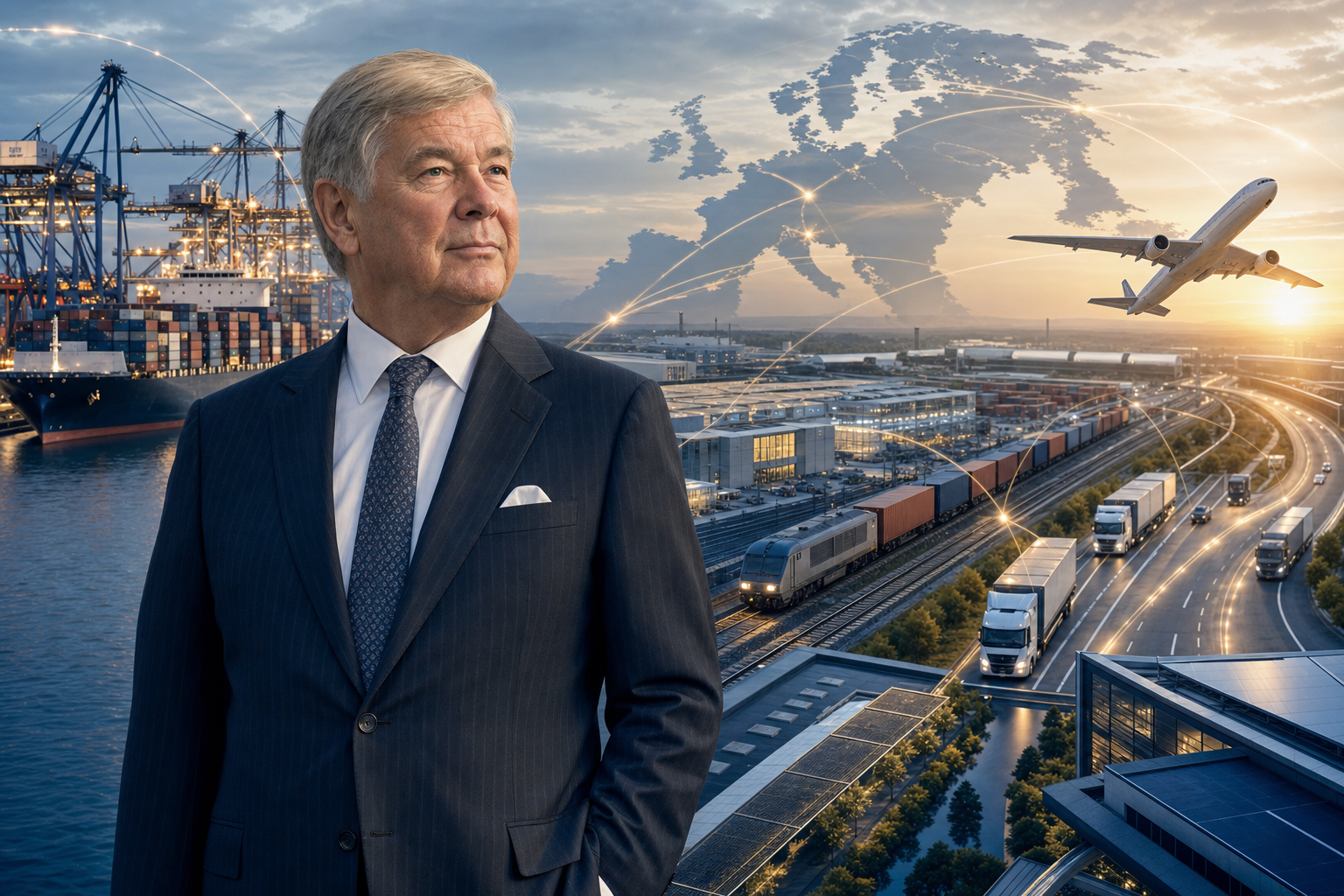 Klaus-Michael Kühne reviewing strategic investments spanning shipping lines, airlines, and European logistics hubs