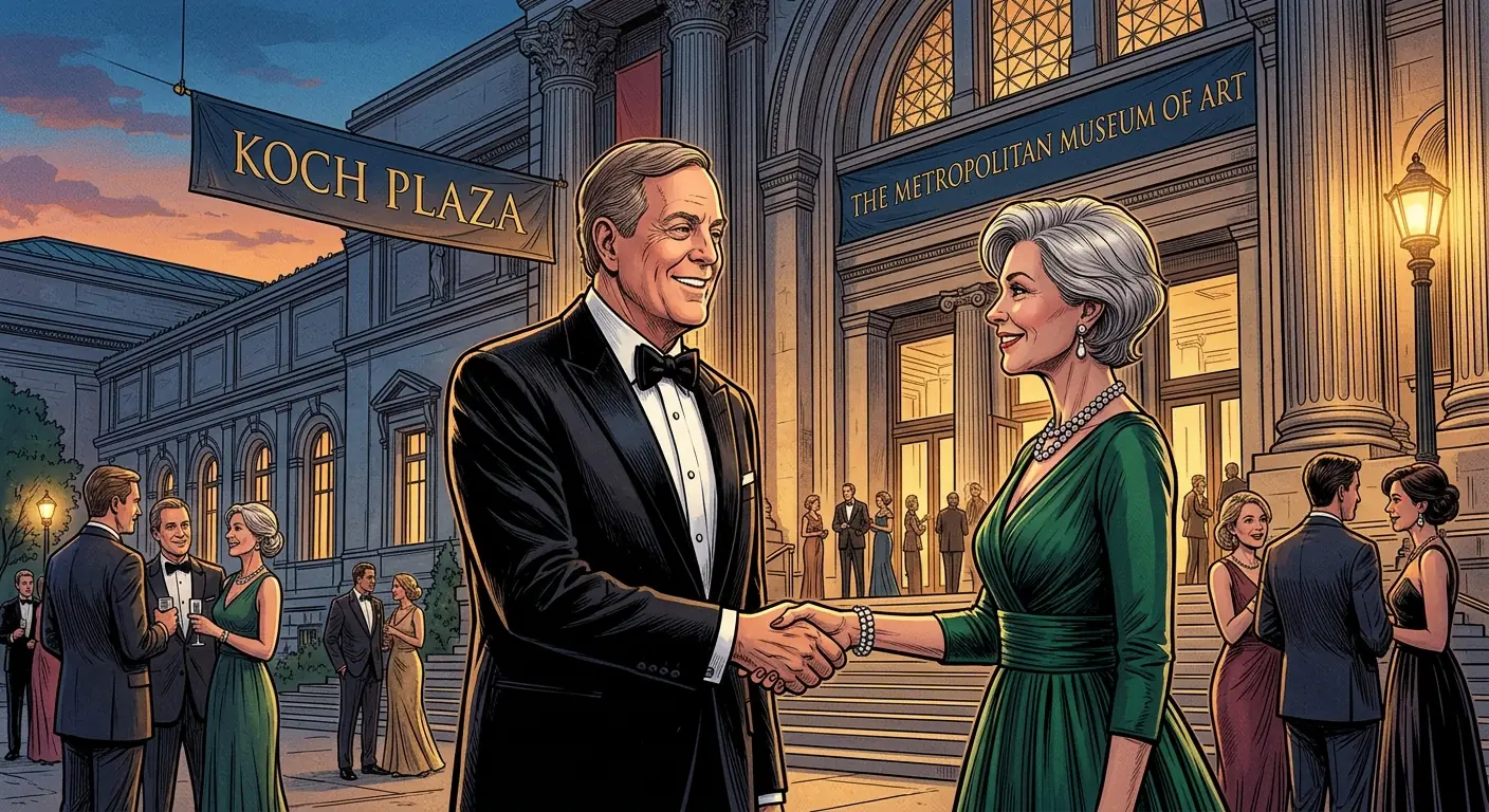 A smiling David Koch in a tuxedo, standing in front of a grand museum entrance, shaking hands with an elegantly dressed patron