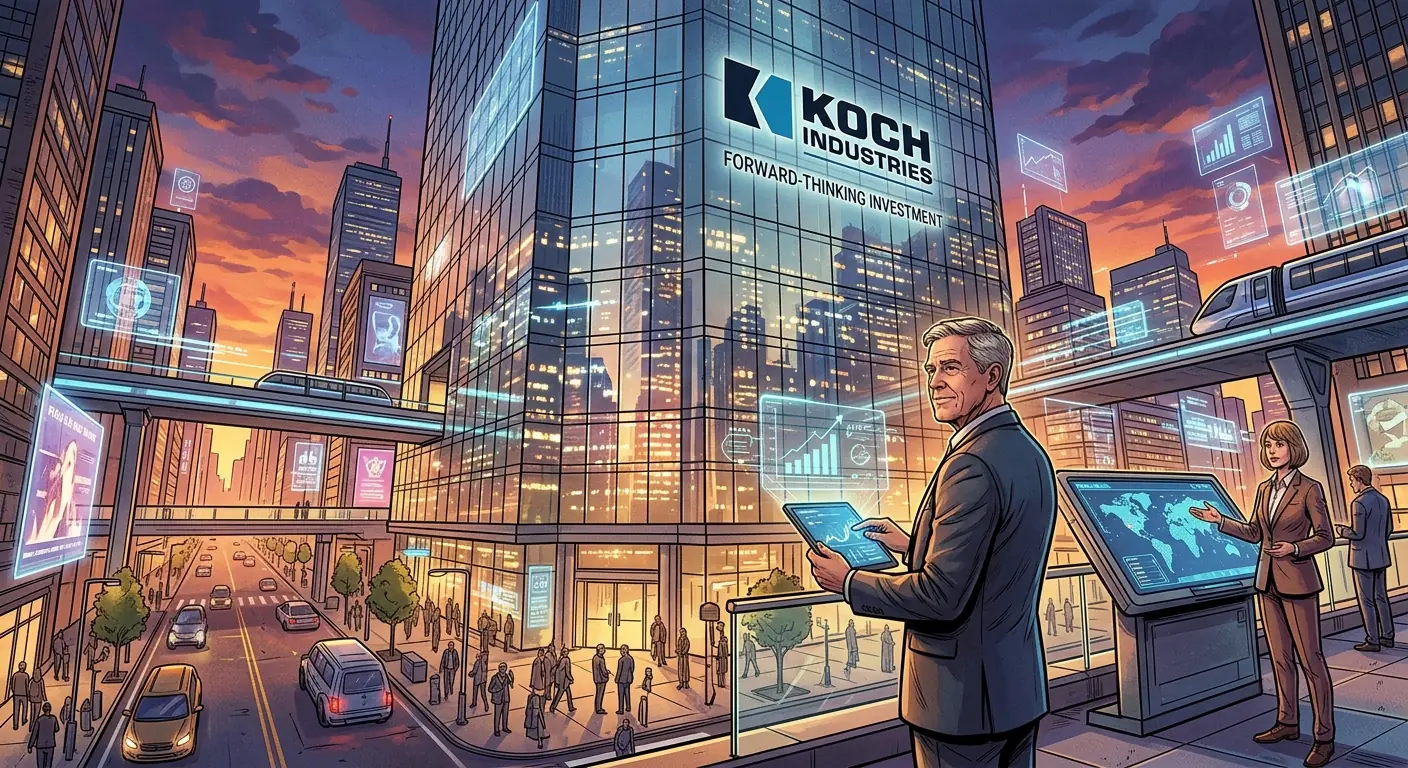 A sleek, modern glass building reflecting a vibrant digital city, with the Koch Industries logo subtly integrated into the architecture, symbolizing forward-thinking investment