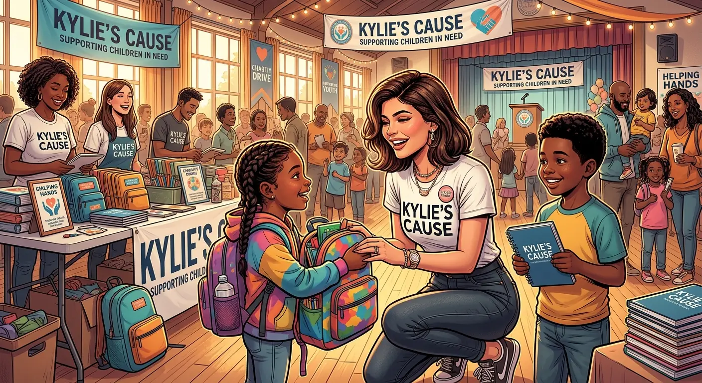 Kylie Jenner participating in a charity event, interacting with beneficiaries