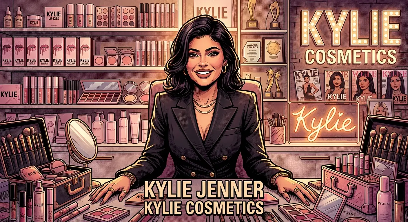 Kylie Jenner looking confidently at the camera, surrounded by various Kylie Cosmetics products, symbolizing her enduring brand