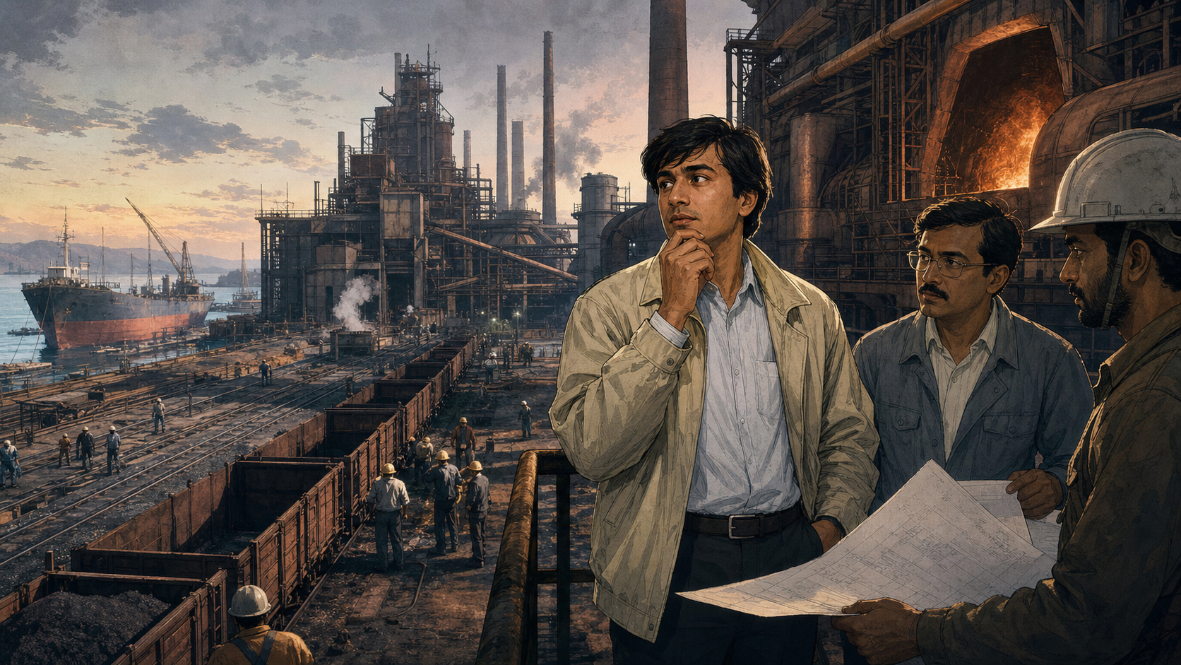 Lakshmi Mittal studying an aging steel mill as furnaces, workers, and global shipping routes reveal the turnaround opportunity