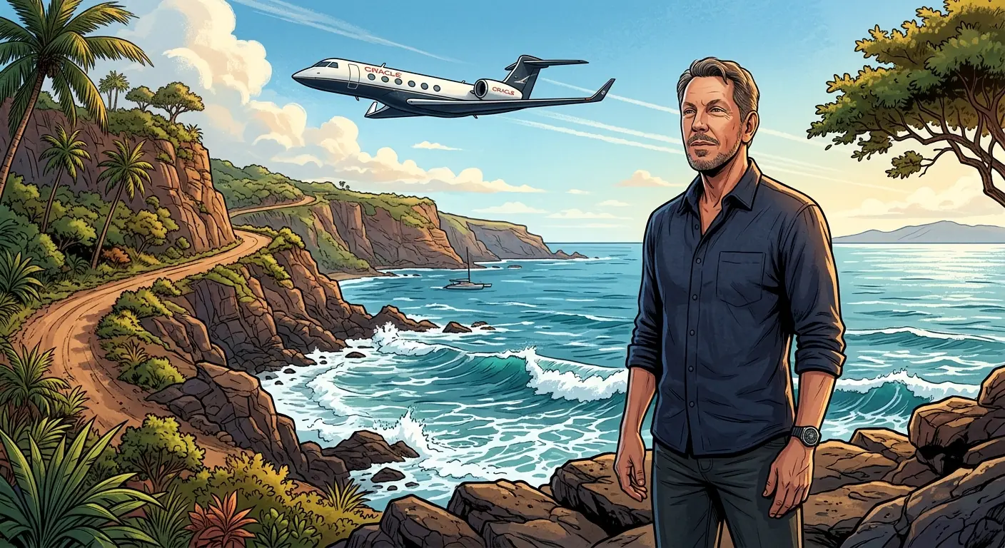 Larry Ellison, older but still sharp, standing on the shores of Lanai, looking out at the ocean with a serene yet determined expression, an Oracle jet subtly flying overhead.