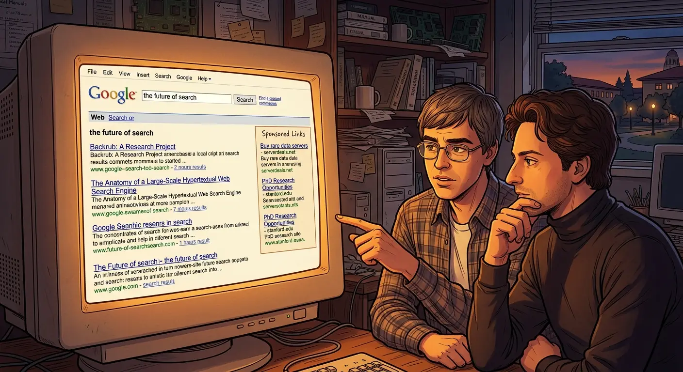 A vintage computer screen displaying the early Google search interface with a prominent "Sponsored Links" section on the right, contrasting with the clean, minimalist main search results.