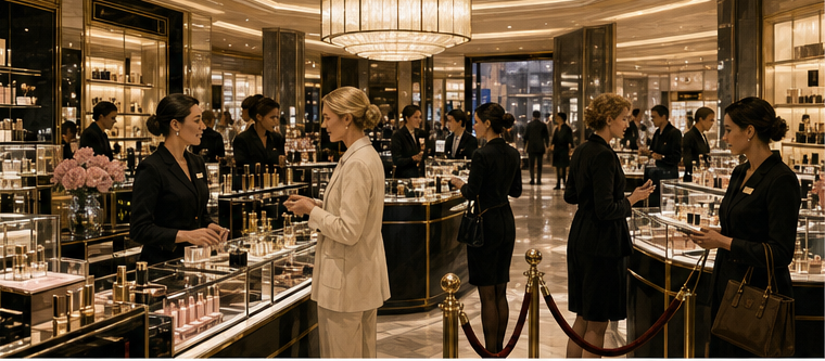Prestige beauty counters using controlled placement and trained staff to create status