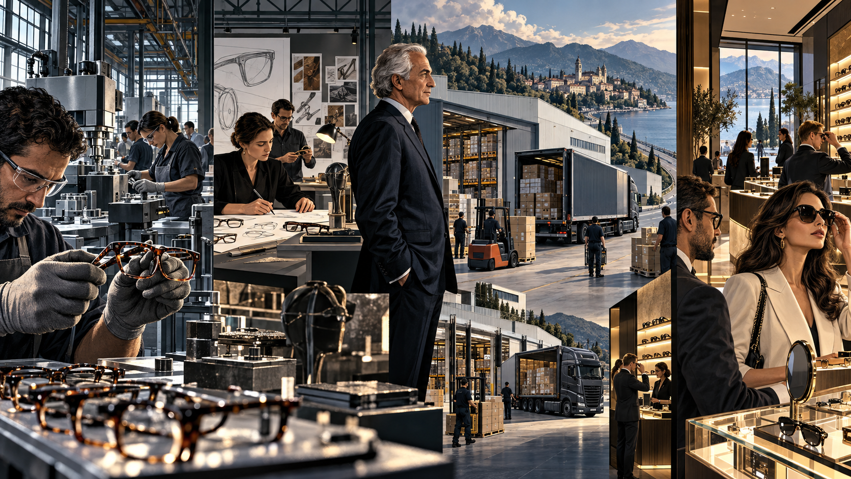 A cinematic cutaway of the Luxottica system linking an Italian frame factory, design studio, logistics hub, and global optical stores