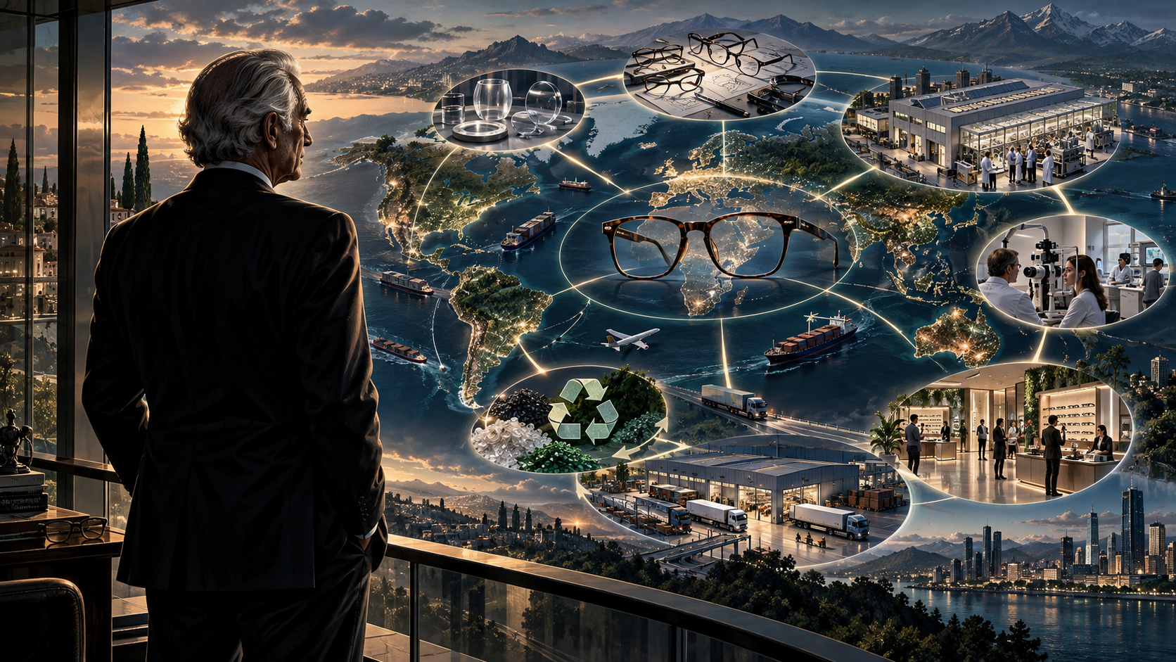 Leonardo Del Vecchio overlooking an integrated eyewear ecosystem of lenses, frames, brands, clinics, and stores, rendered as a restrained graphic-novel finale