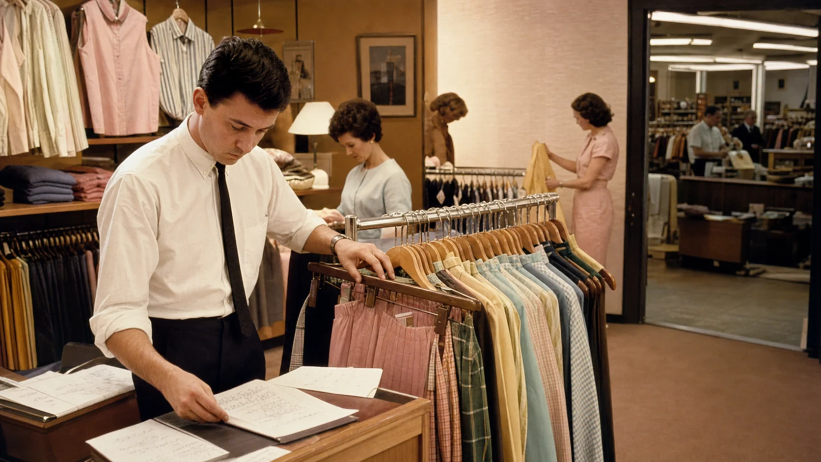 A young 1960s specialty-fashion retailer studies sell-through notes while refining a tightly edited rack of women's separates.