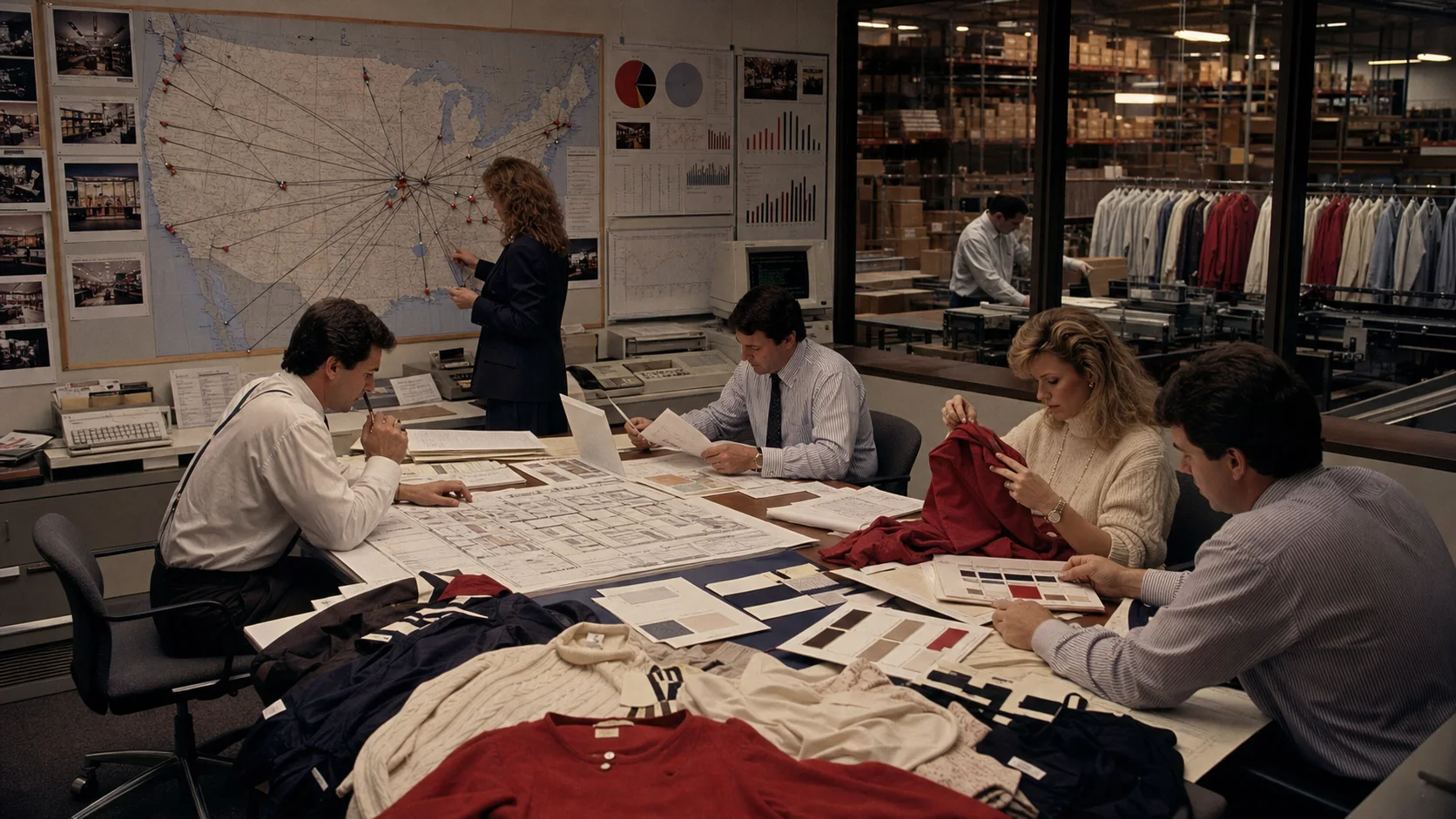 A late-1980s retail merchandising team coordinates clothing samples, store plans, sales reports, a nationwide mall map, and warehouse replenishment.