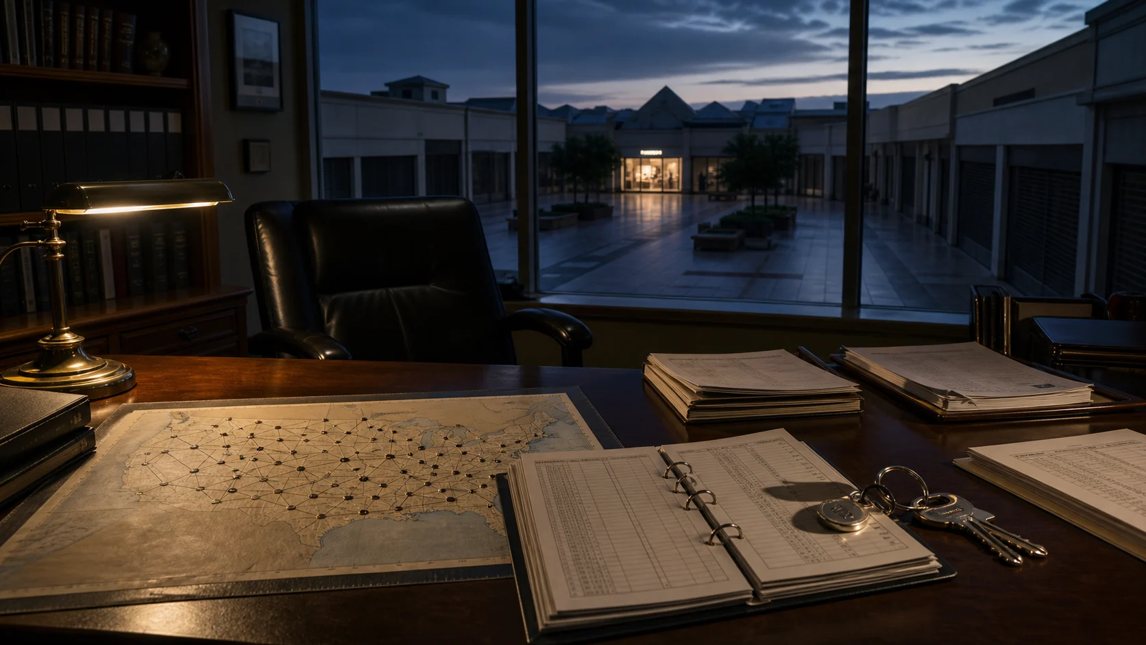 An empty retail executive office overlooks a fading mall while a nationwide store map, governance ledger, and keys reveal the lasting fingerprints of concentrated power.