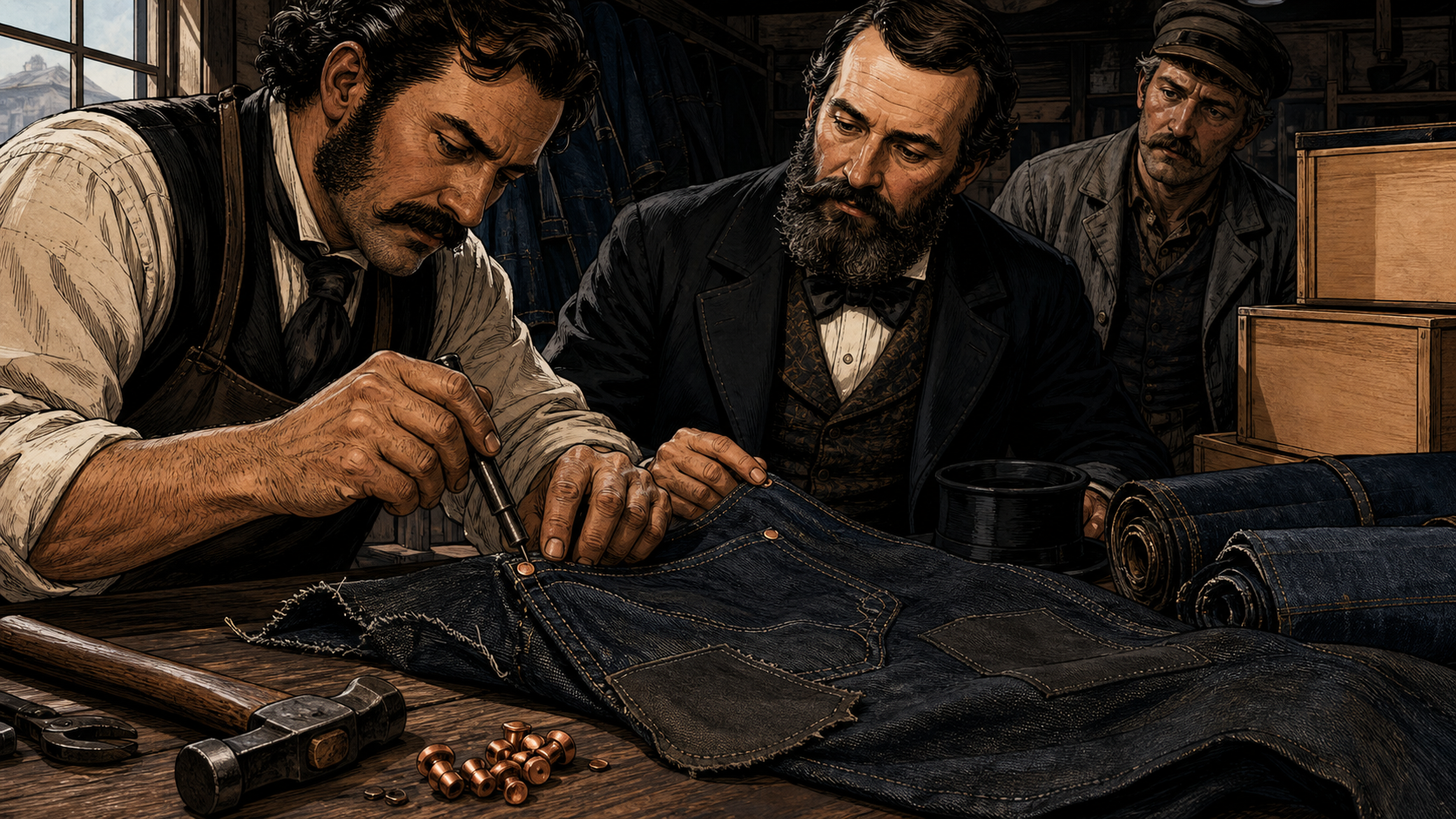 Levi Strauss and tailor Jacob Davis examining torn work trousers and testing copper rivets in a 1870s workshop