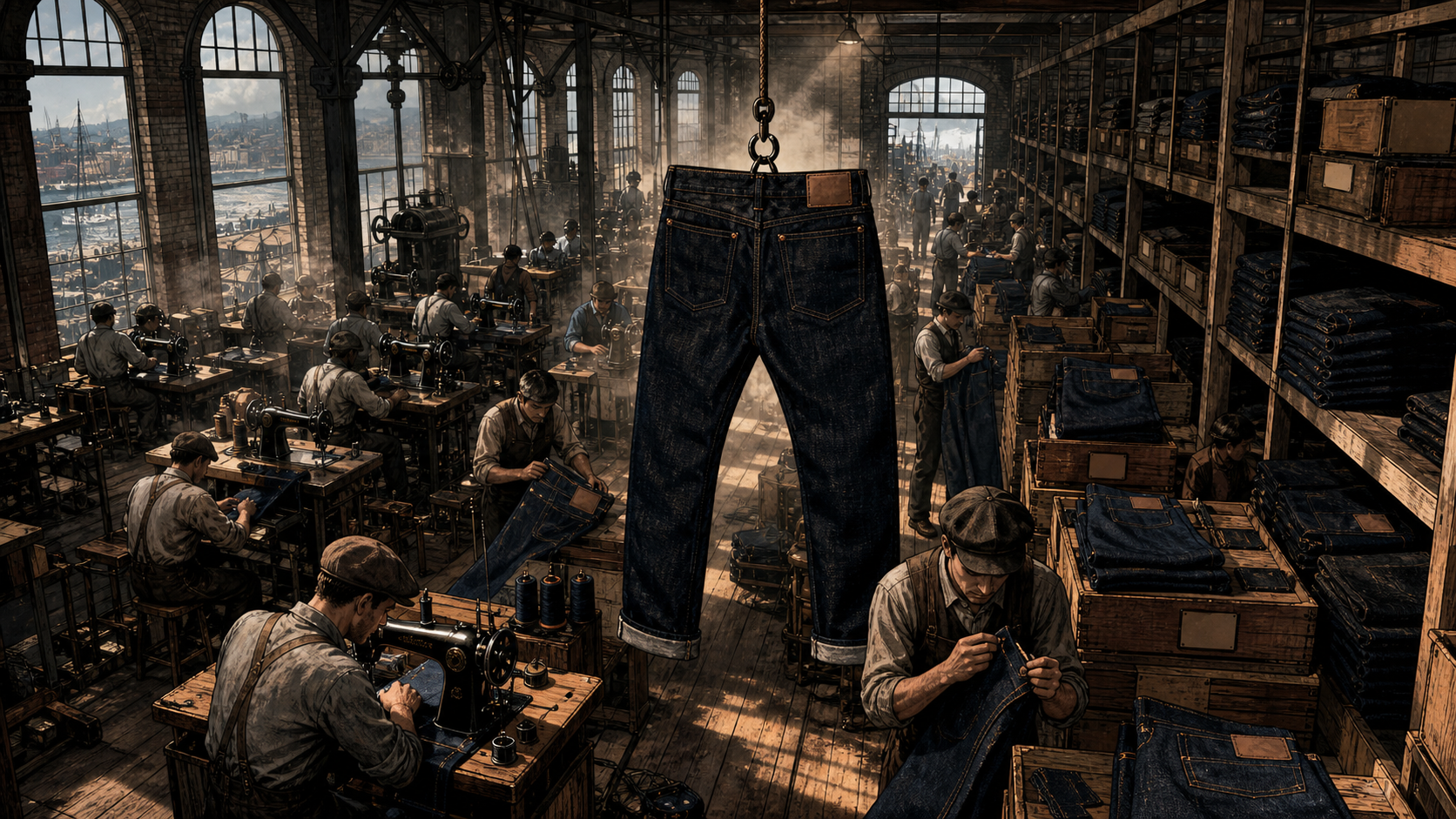 A rugged pair of early Levi's jeans moving through a Western warehouse as rivets, stitching, patch, and numbered lot become brand signatures