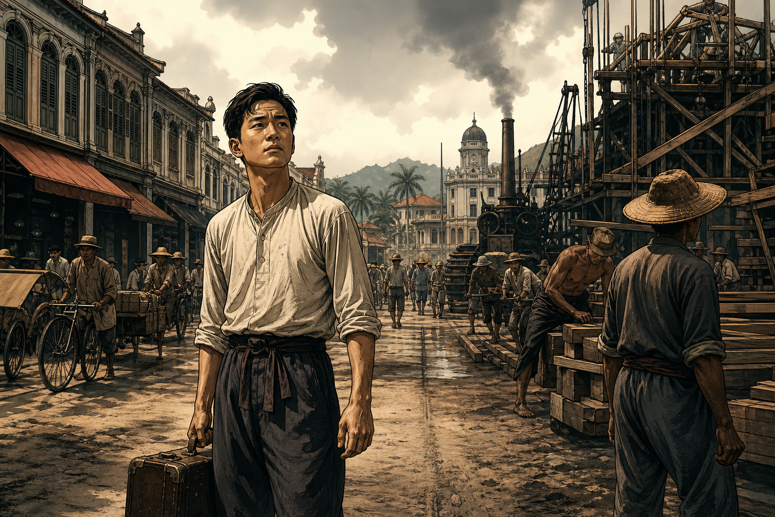 A young Lim Goh Tong arriving in 1930s Malaya and confronting a busy world of construction and trade