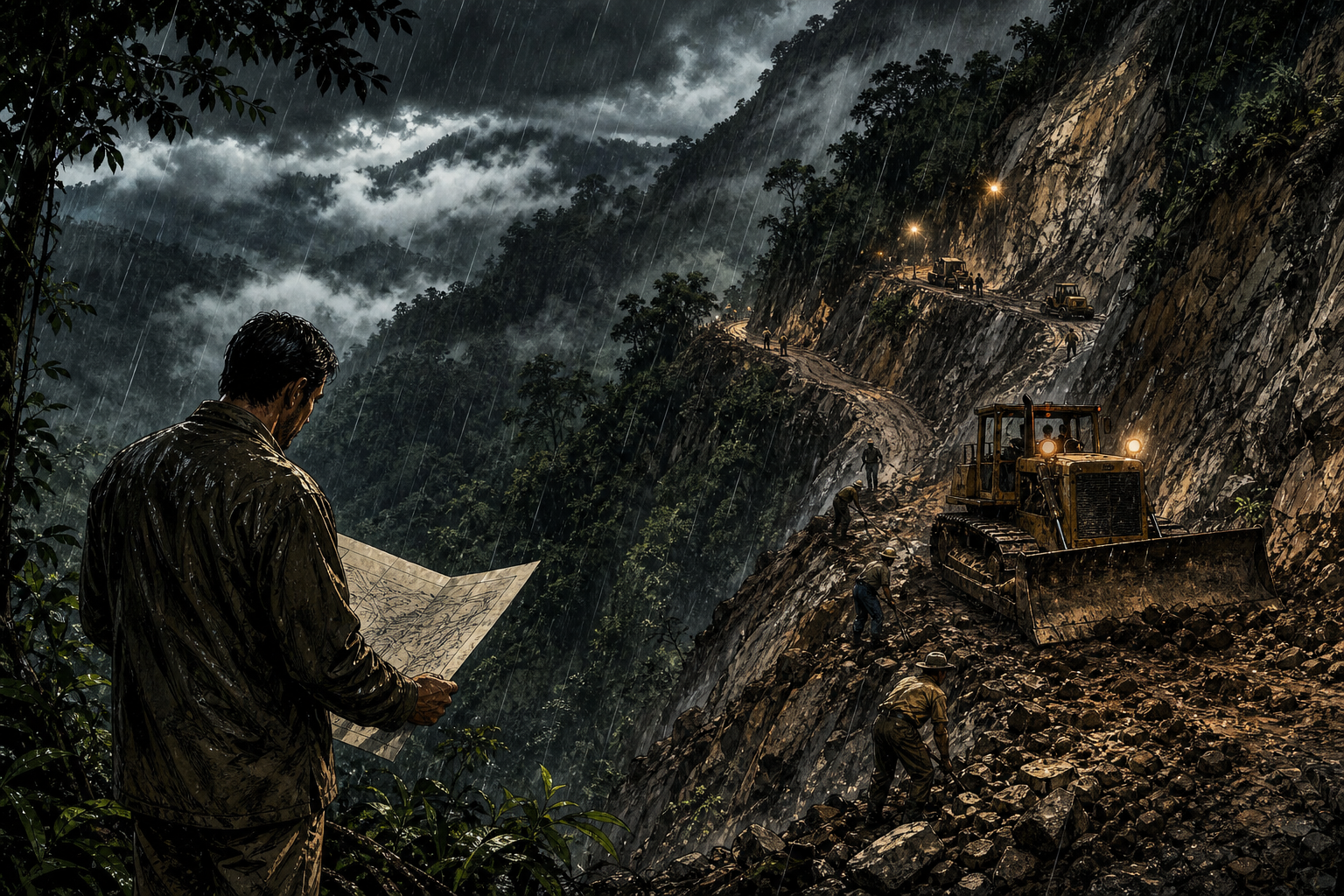 Lim Goh Tong and construction crews carving an access road through a steep Malaysian rainforest in monsoon rain