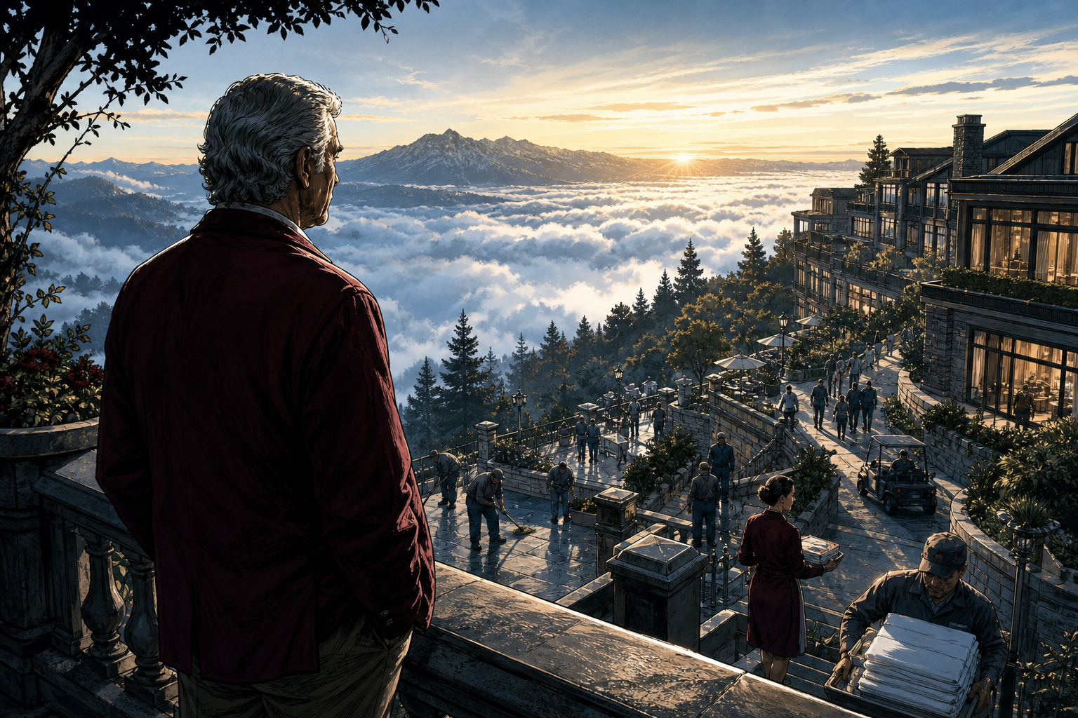 An older Lim Goh Tong surveying the highland destination at dawn as staff maintain the complex below