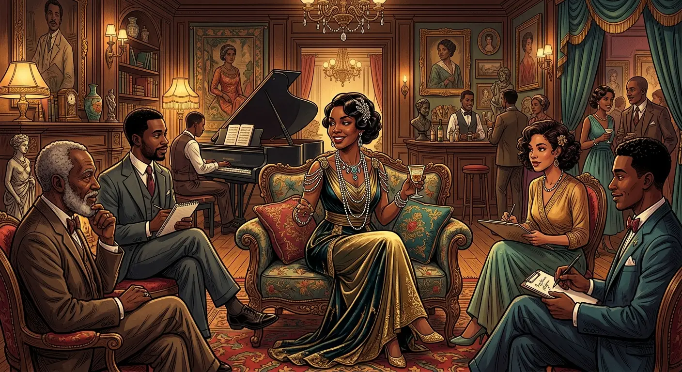 A'Lelia Walker, elegantly dressed and adorned with jewels, seated regally in a lavish Harlem salon, surrounded by artistic decor and a diverse group of intellectuals and artists