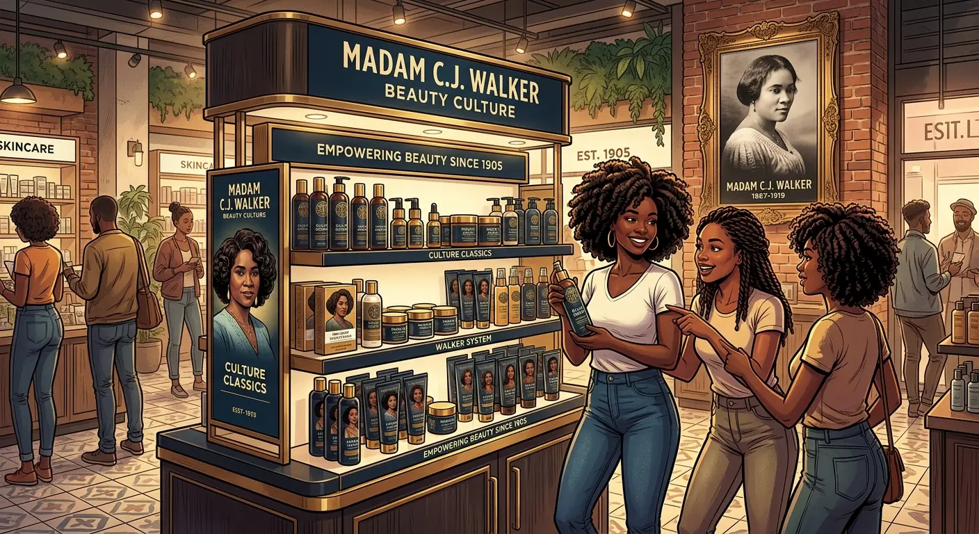 A modern display of Madam C.J. Walker Beauty Culture products in a contemporary retail store, featuring sleek packaging and diverse models, with a framed historical photo of Madam C.J. Walker in the background