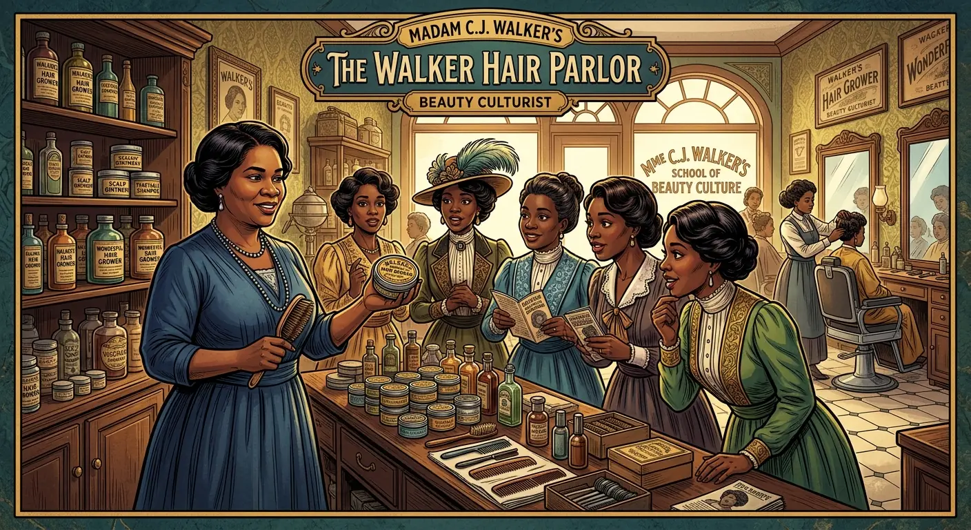 Madam C.J. Walker demonstrating hair products to a group of well-dressed Black women in a salon setting, with bottles and jars neatly displayed on a counter