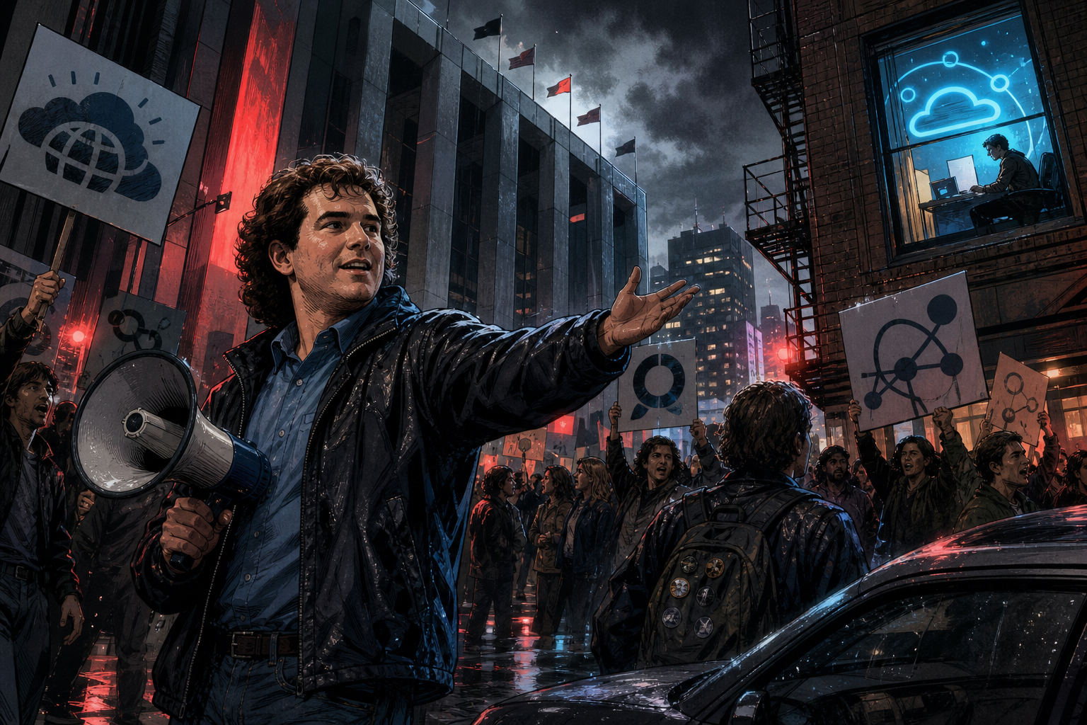 Marc Benioff staging an early no-software protest outside a gray enterprise software conference as a bright cloud platform emerges