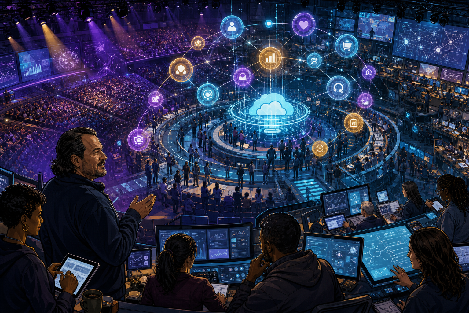 Salesforce engineers and customers building a connected ecosystem of CRM, cloud applications, analytics, and collaboration around a central platform