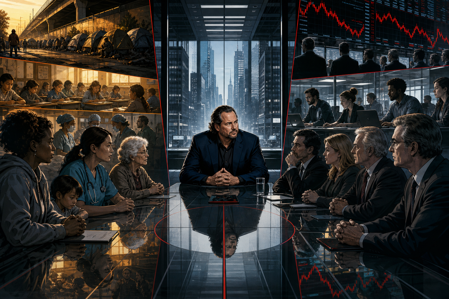 Benioff balancing a Salesforce boardroom with community grants, employee voices, city institutions, and demanding investors