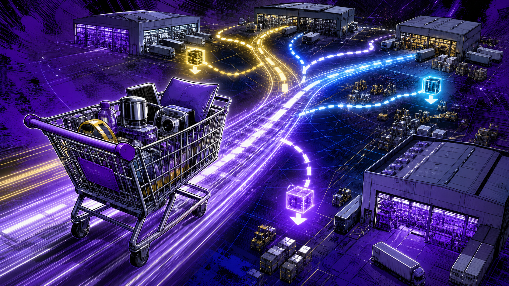 A dynamic online shopping cart changes prices as customers combine items, choose warehouses, and reduce delivery costs in real time