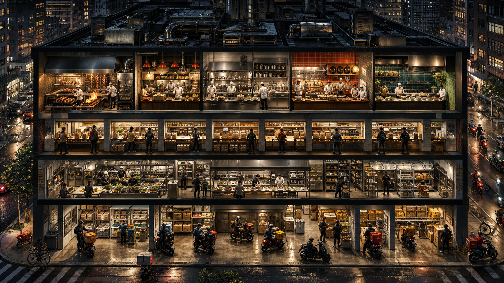 A dense urban food operation combines many restaurant concepts, advanced kitchens, and delivery routes into one vertically integrated system