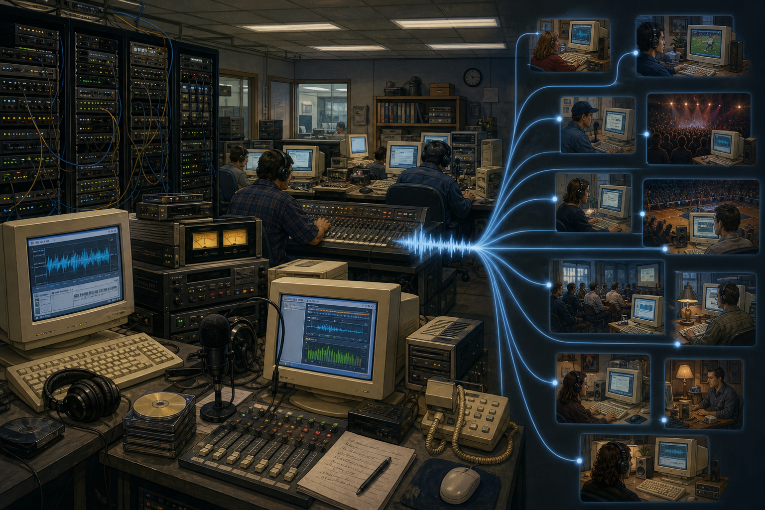 Broadcast.com's late-1990s streaming infrastructure distributing audio and live events over dial-up internet