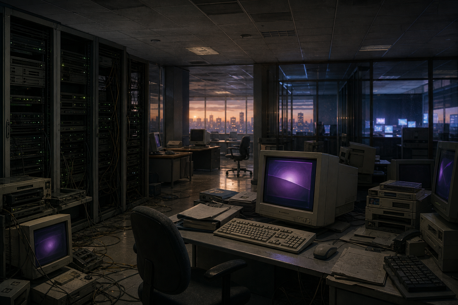 Broadcast.com's streaming offices and servers fading after the Yahoo acquisition and dot-com crash