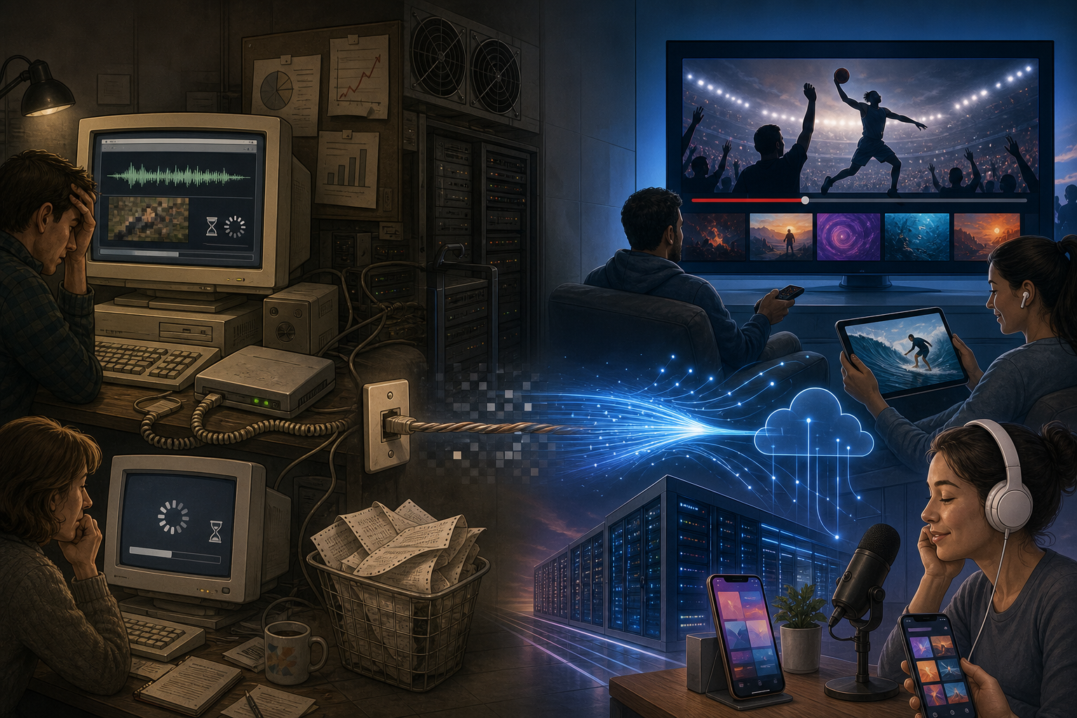 Broadcast.com's dial-up limitations contrasted with the broadband streaming future it anticipated
