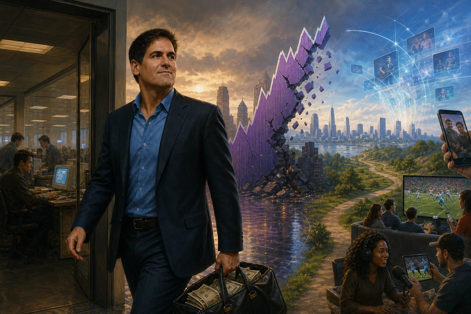 Mark Cuban exits Broadcast.com at the dot-com peak while the streaming future emerges beyond the crash