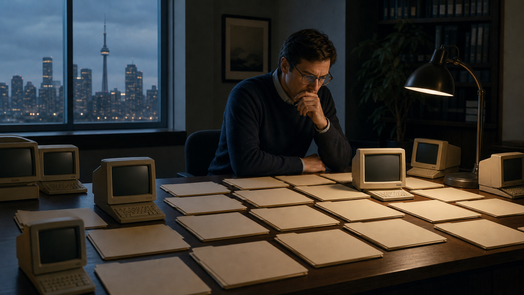 Mark Leonard studying a wall of small industry software niches and acquisition notes in an understated Toronto office