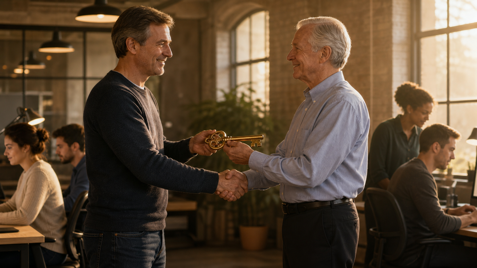 A founder handing the keys of a specialized software company to a long-term owner while customers continue operating