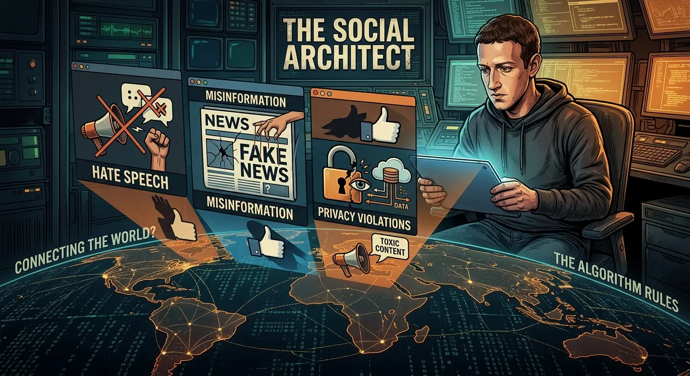 A dark, ominous social media interface with various icons representing hate speech, misinformation, and privacy violations, casting shadows over a global map