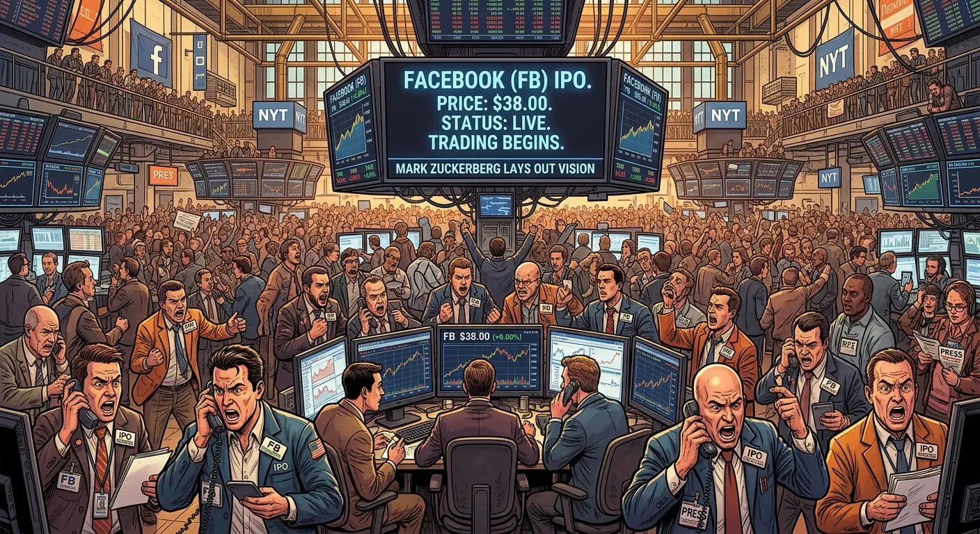Thousands of stock traders on a busy trading floor, some looking intently at screens displaying Facebook's IPO information, others on phones