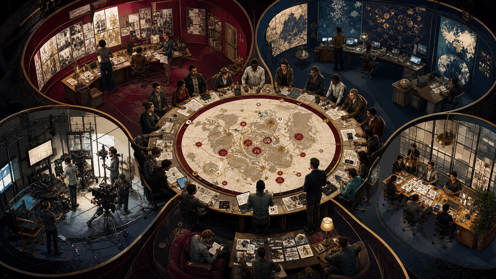 Global agency teams, research desks, and media buyers coordinate around one vast campaign map while distinct creative studios retain their character