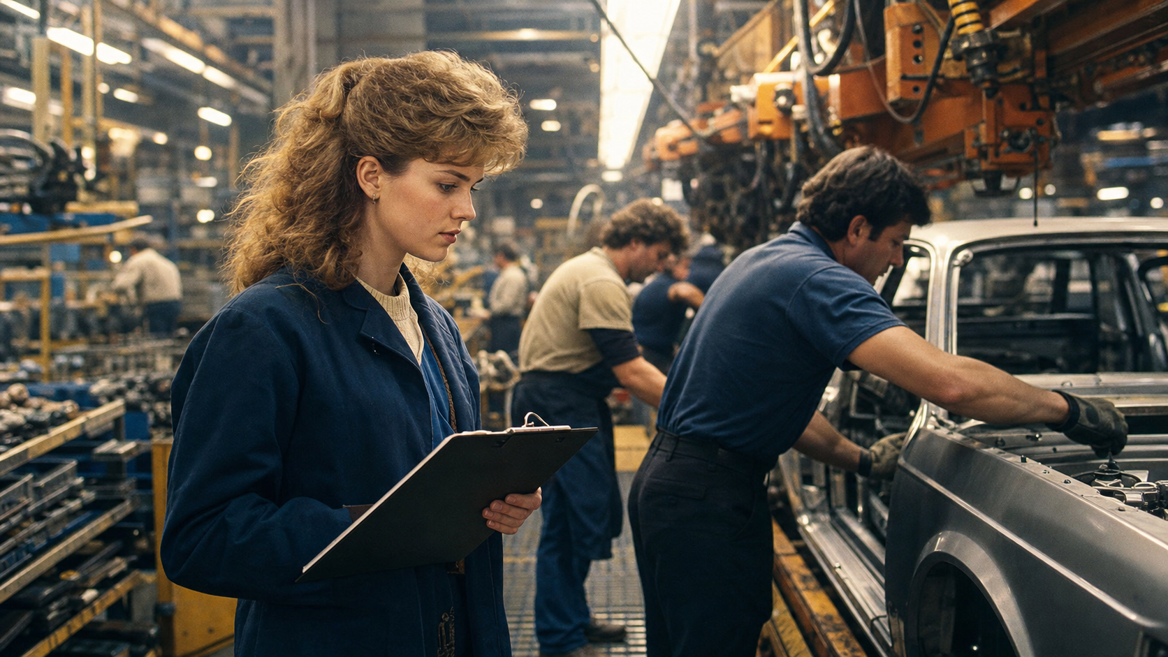 Mary Barra as a young engineering co-op studying an automotive assembly line and learning factory operations