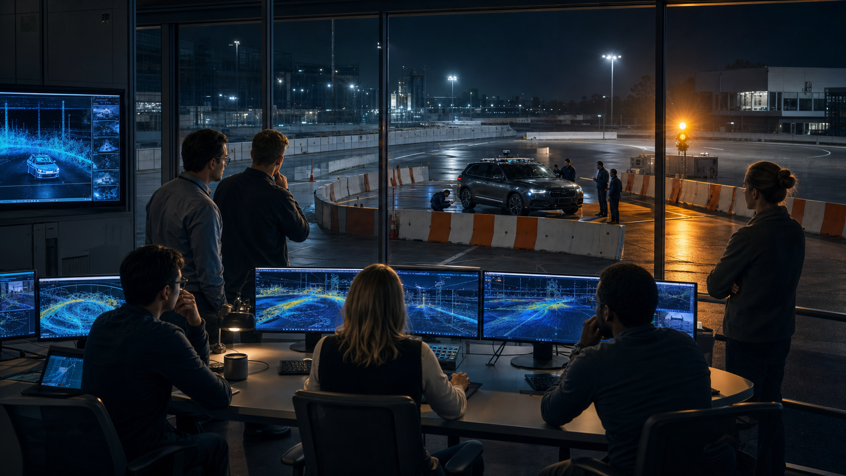 A GM electric vehicle cockpit linked to software teams, over-the-air updates, driver assistance sensors, and a cautious autonomy control room