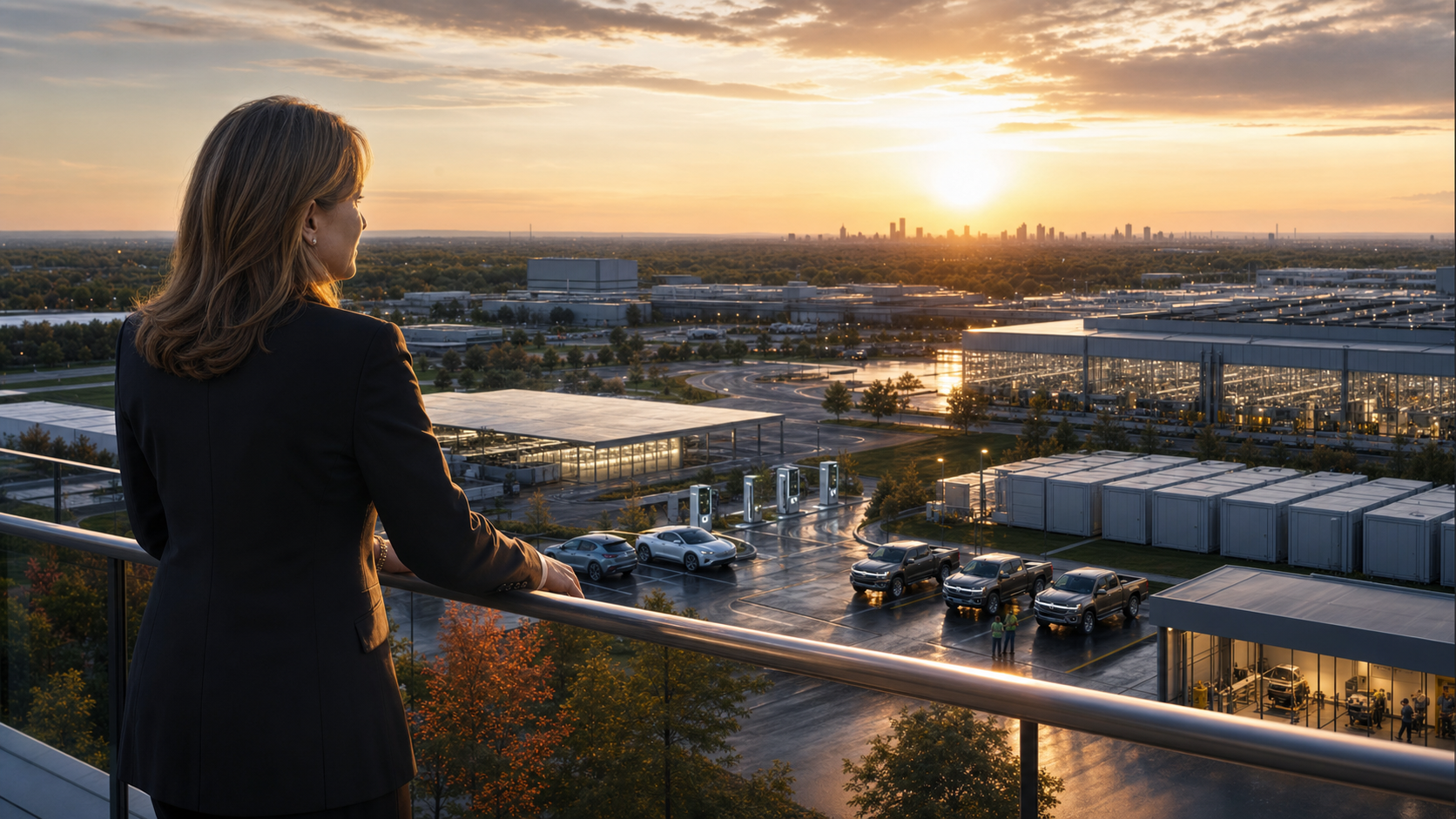 Mary Barra overlooking a future GM portfolio where profitable trucks, affordable electric vehicles, battery plants, and workers must coexist