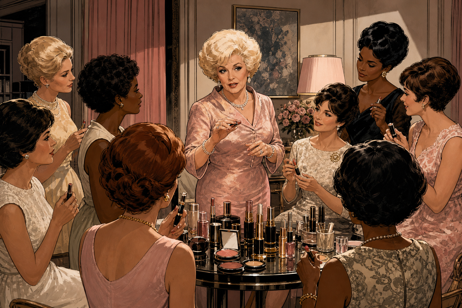 Mary Kay Ash teaching women a repeatable cosmetics demonstration system in 1963
