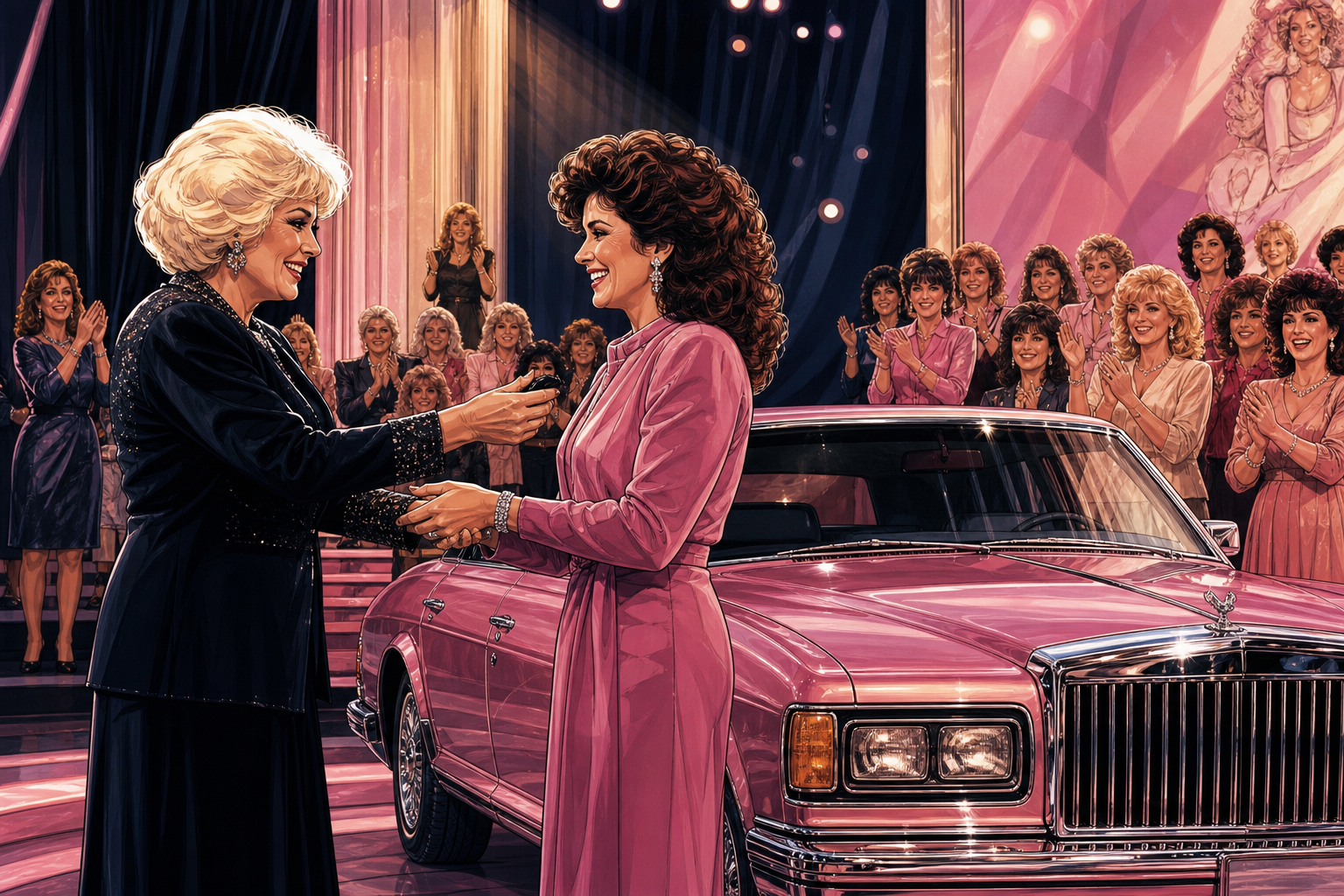 Mary Kay Ash presenting a pink luxury car during a field-sales recognition ceremony