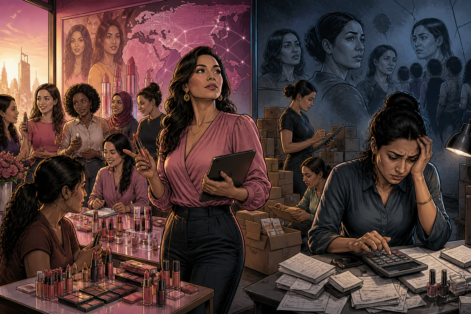 Women balancing flexible cosmetics entrepreneurship with inventory and income risk