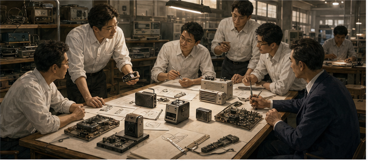 Early Sony engineers confidently designing new consumer electronics categories