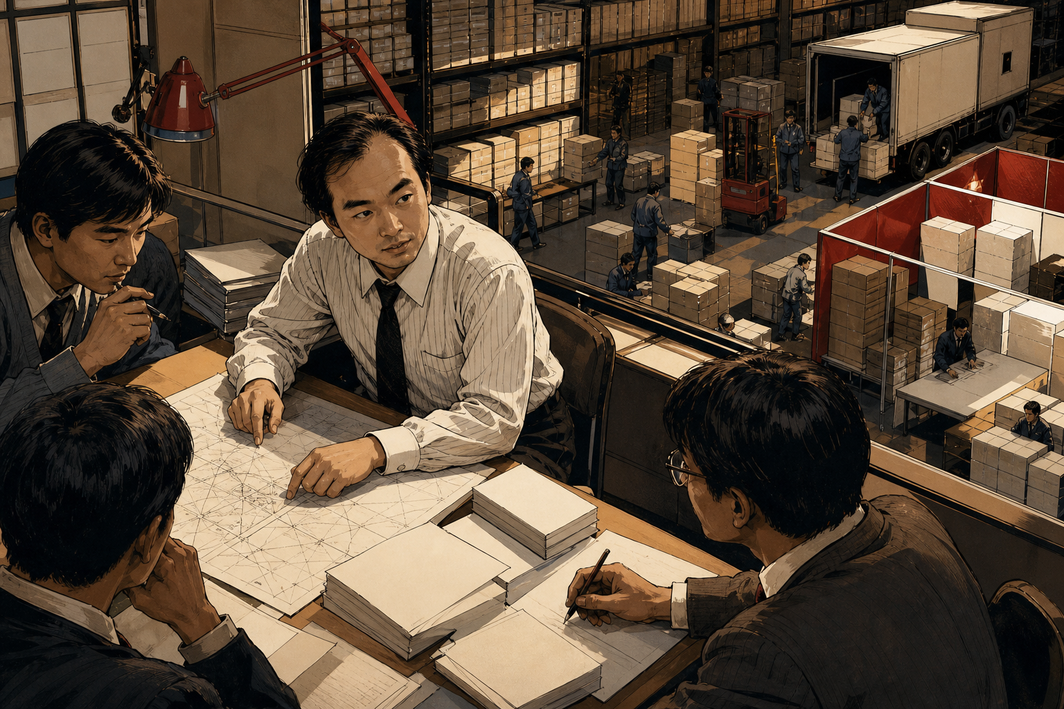 A young Masayoshi Son in an early Japanese software distribution warehouse mapping the future of connected technology